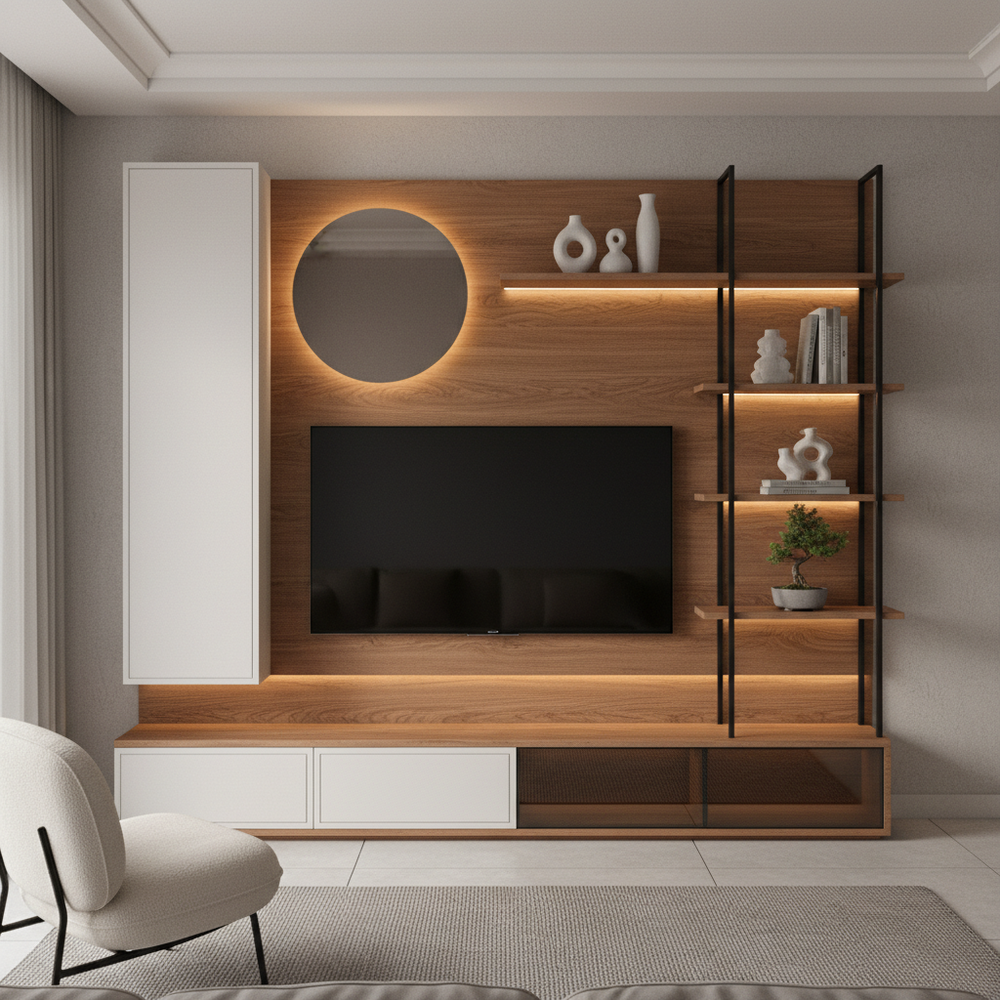 Contemporary White and Acacia Floor Standing TV Unit Design