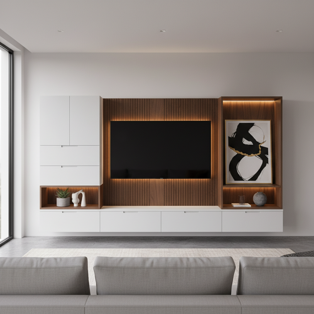 Contemporary White and Brown Floor Standing TV Unit Design