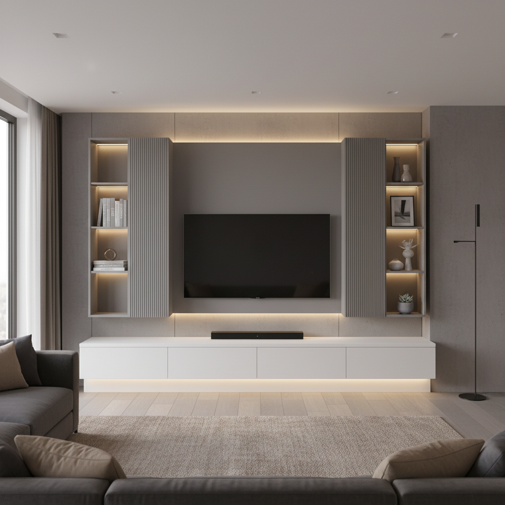 Contemporary White and Grey Floor Standing TV Unit Design