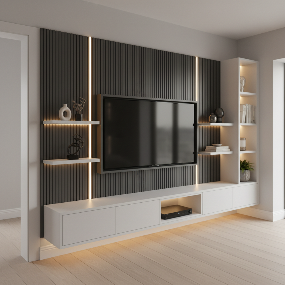 Contemporary White and Grey Wall-Mounted TV Unit Design