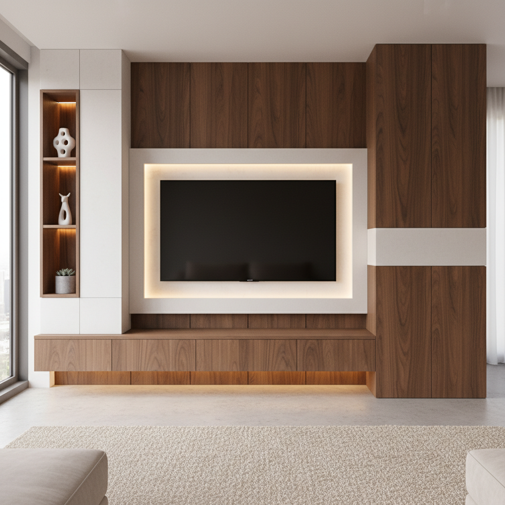 Contemporary White and Walnut Floor-Standing TV Unit Design
