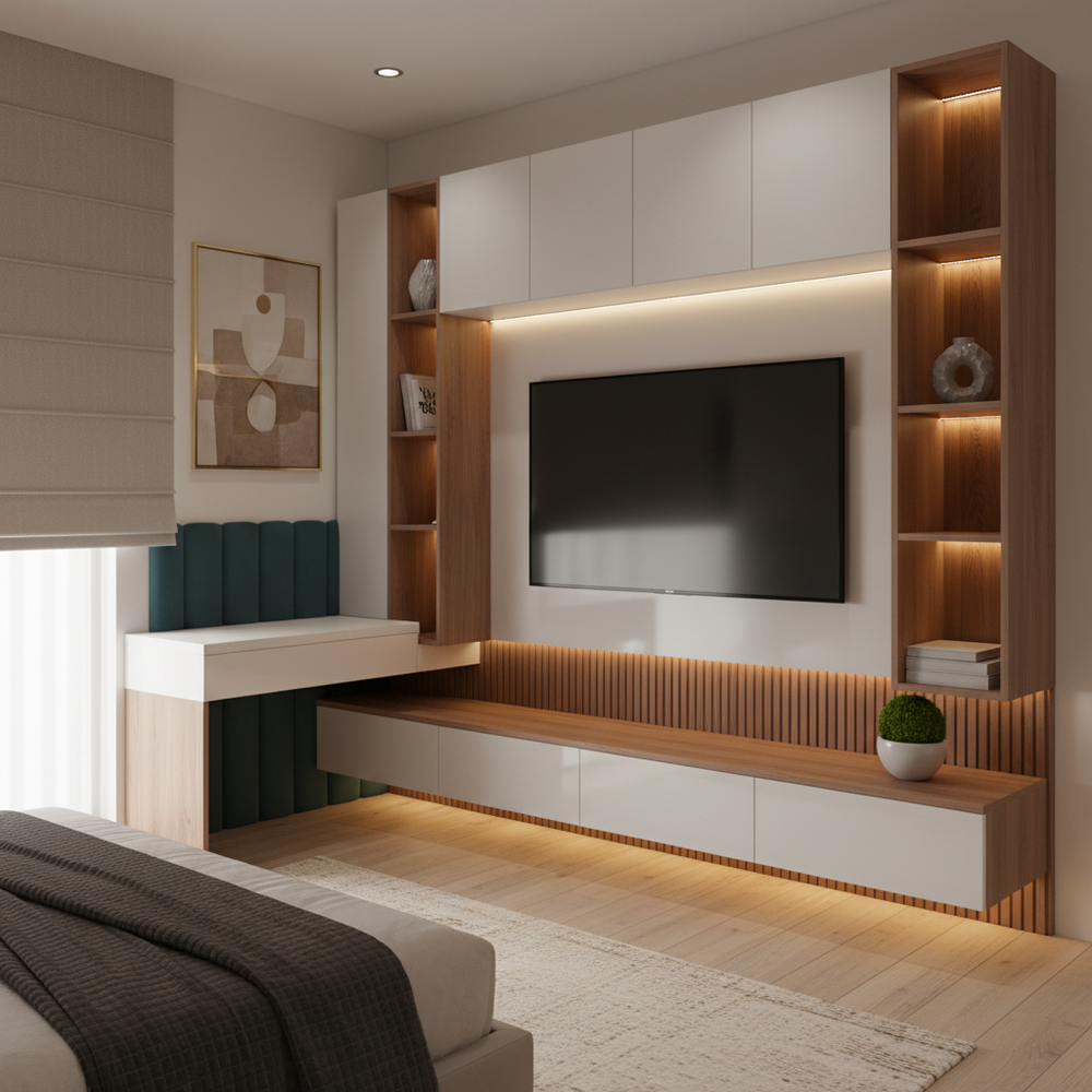 Contemporary White and Walnut Wall-Mounted Floating TV Unit
