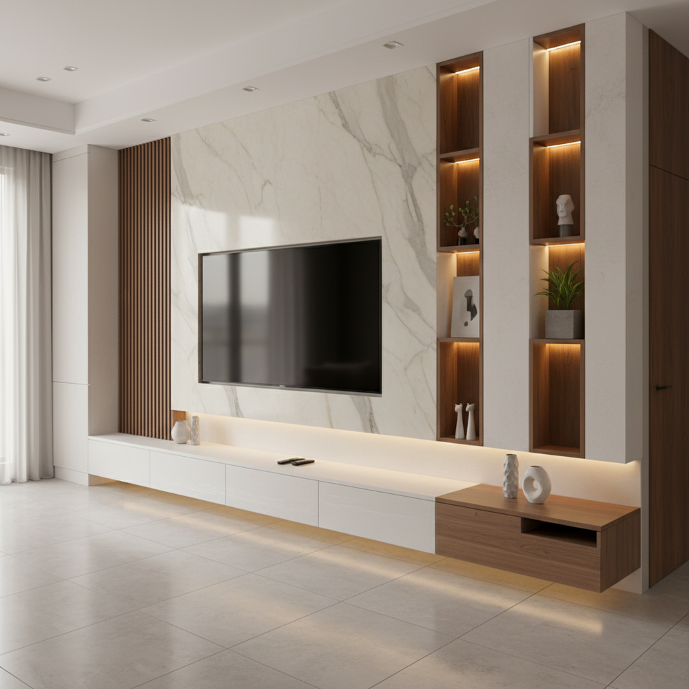 Contemporary White and Walnut Wall-Mounted TV Unit with Marble Backdrop