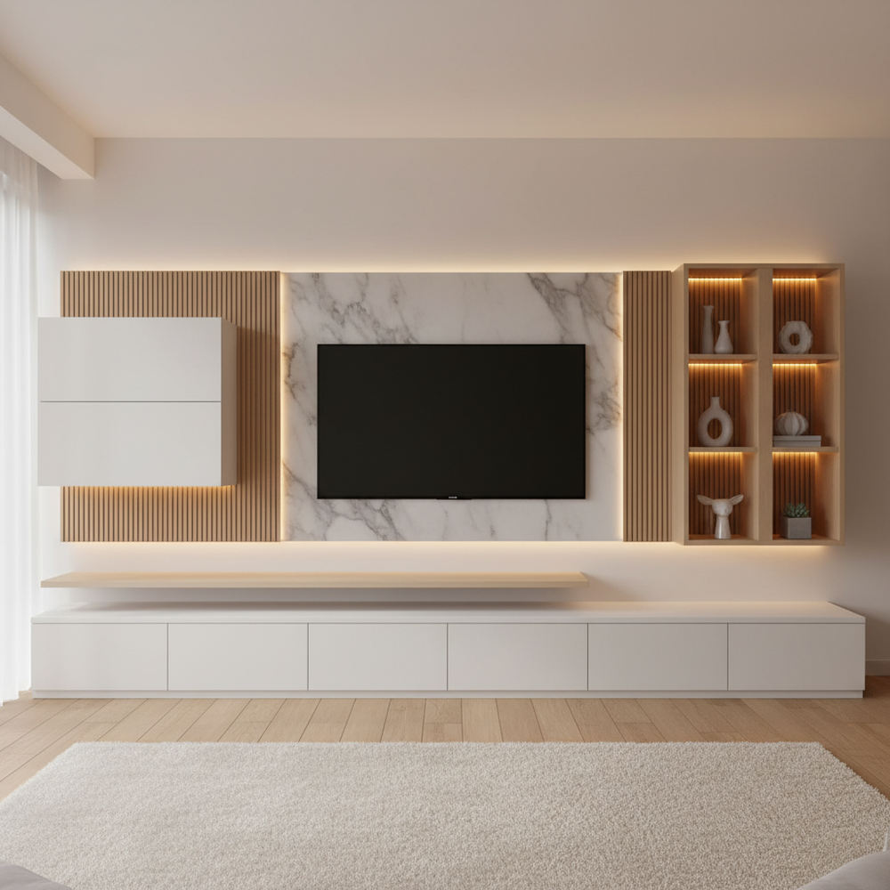 Contemporary White & Beige Floor Standing TV Unit Design