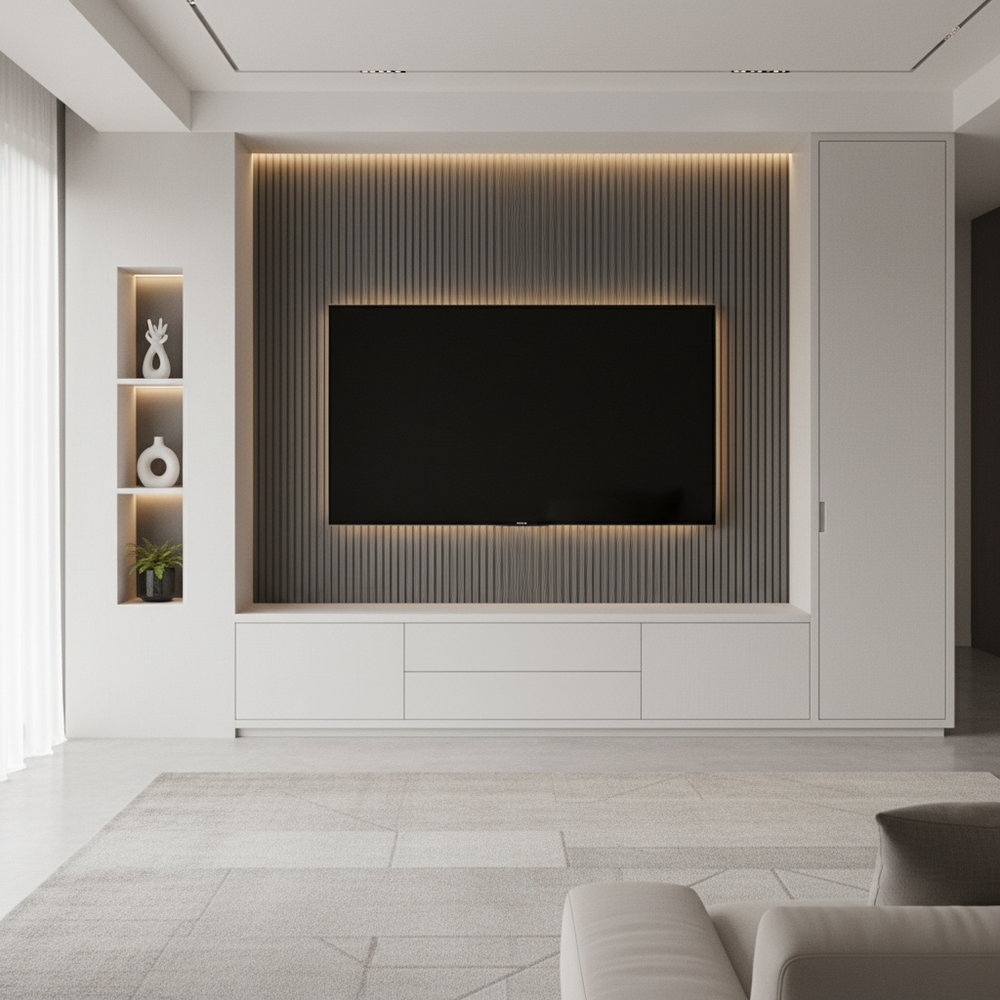 Contemporary White Floor-Standing TV Unit with Grey Fluted Panel