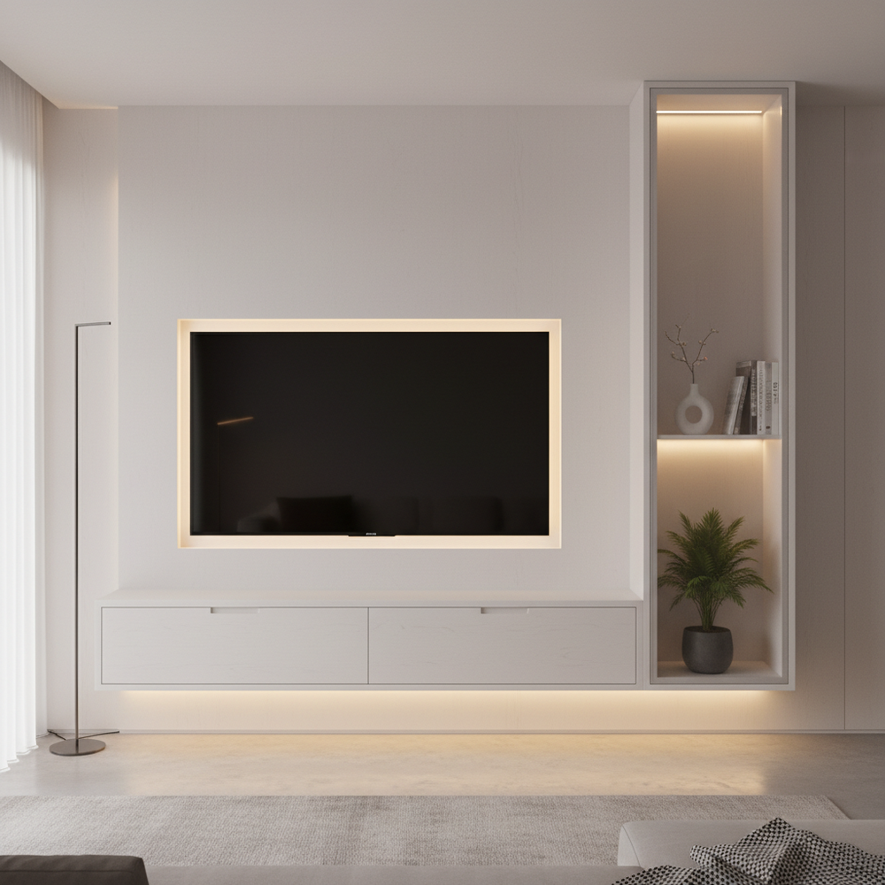 Minimal Frosty White Wall-Mounted Floating TV Unit Design
