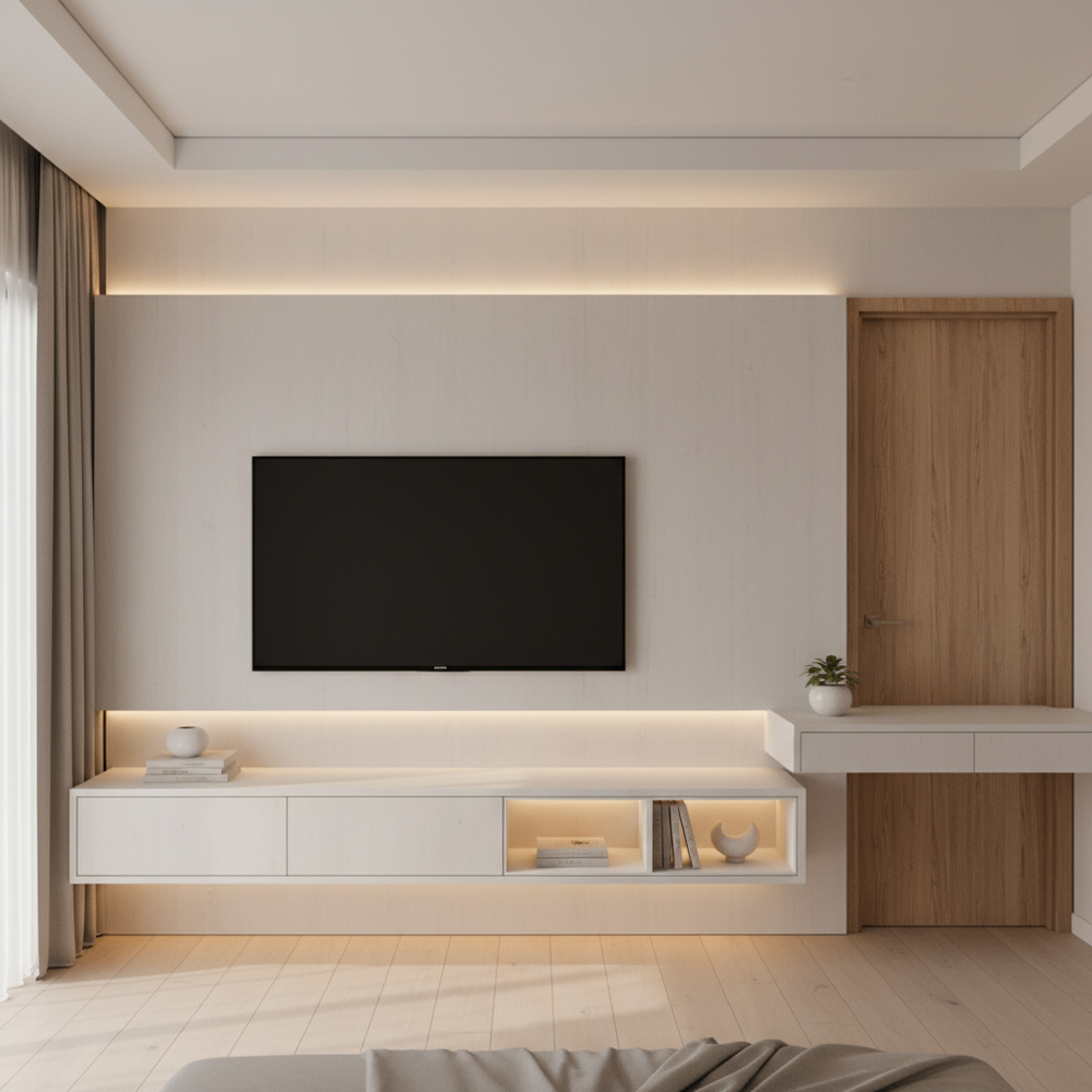 Minimalist Frosty White Wall-Mounted Floating TV Unit Design