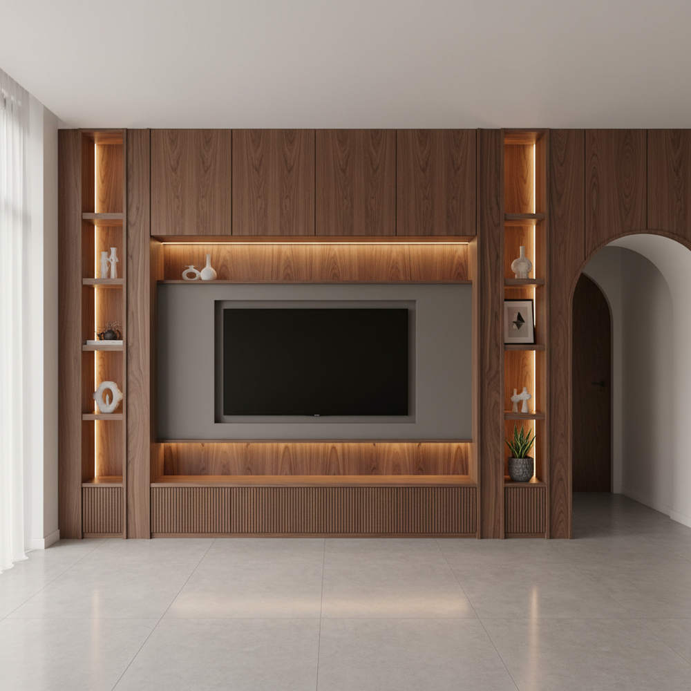Modern Persian Vertical Walnut Floor Standing TV Unit Design with Open Shelves