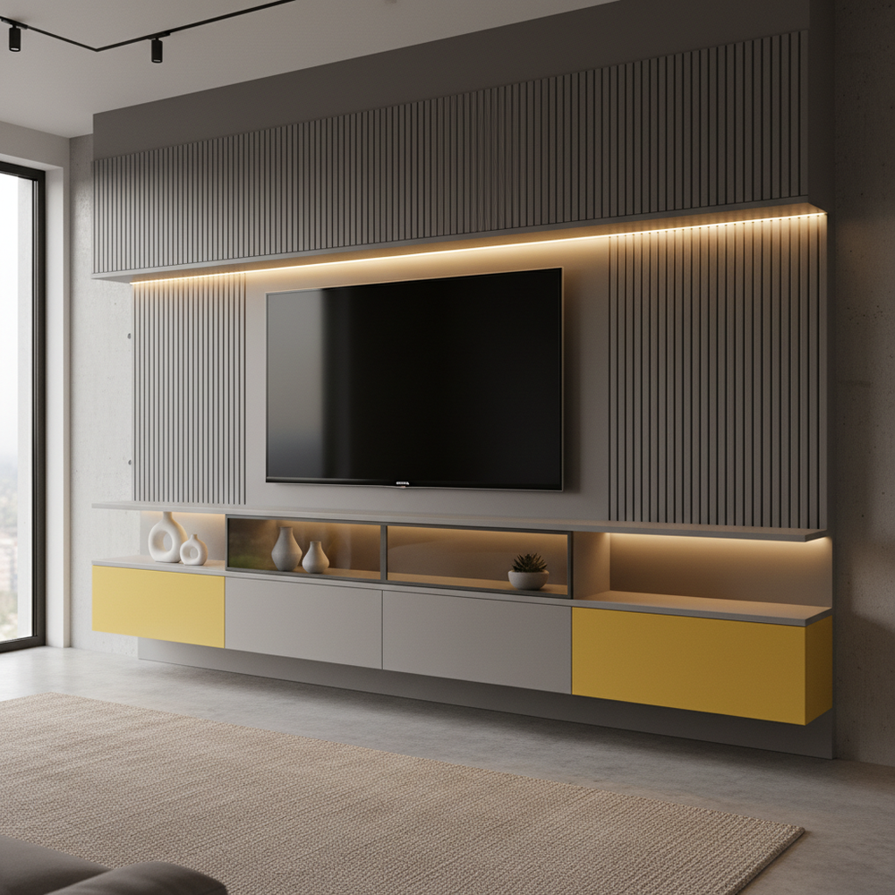 Modern Smoke Grey and Peak Yellow Wall-Mounted TV Unit Design