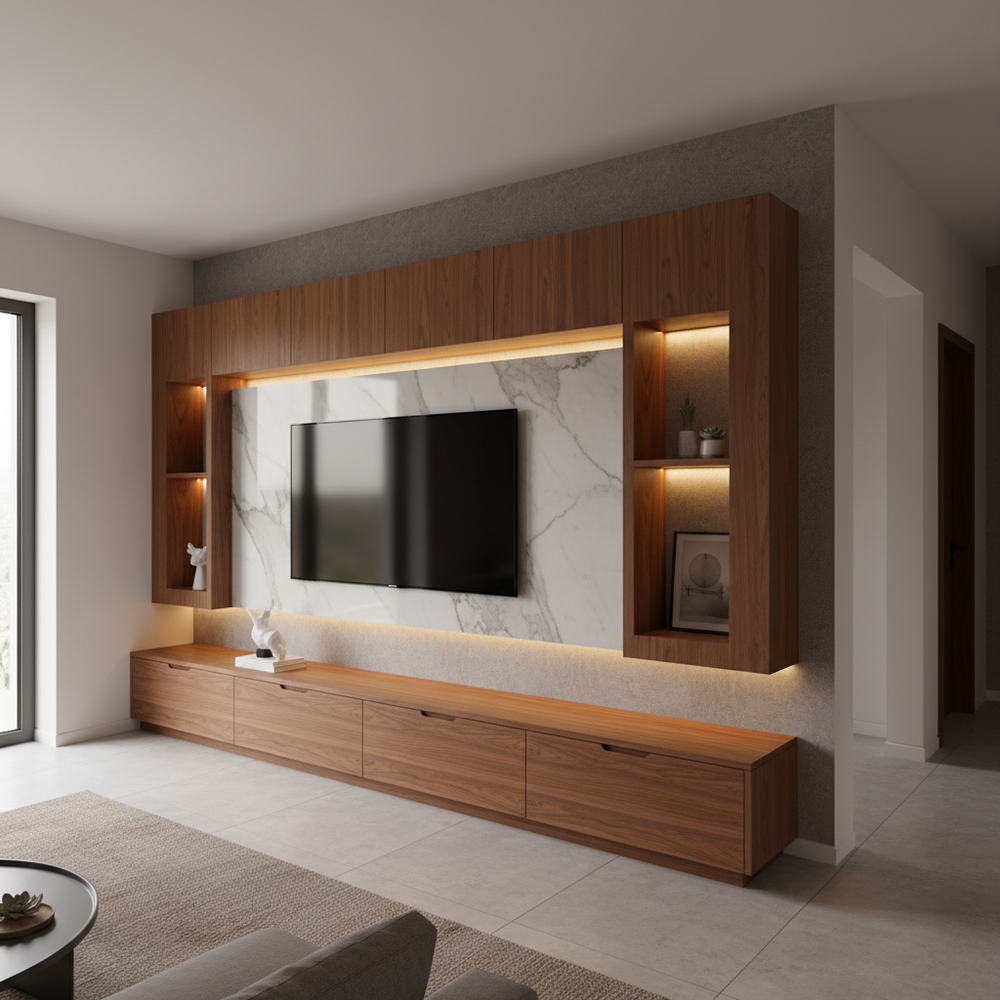Modern Teak Veneer Wall-Mounted TV Unit with LED Backlighting