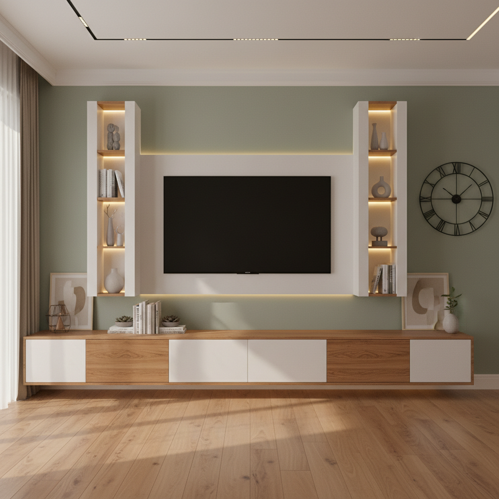 Modern Teak & White Floor Standing TV Unit with Vertical Shelving