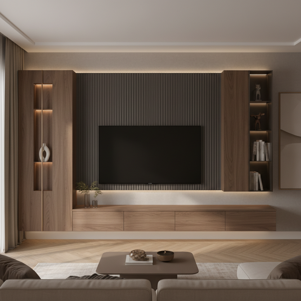 Modern Walnut Bronze Floating TV Unit with Suede Finish