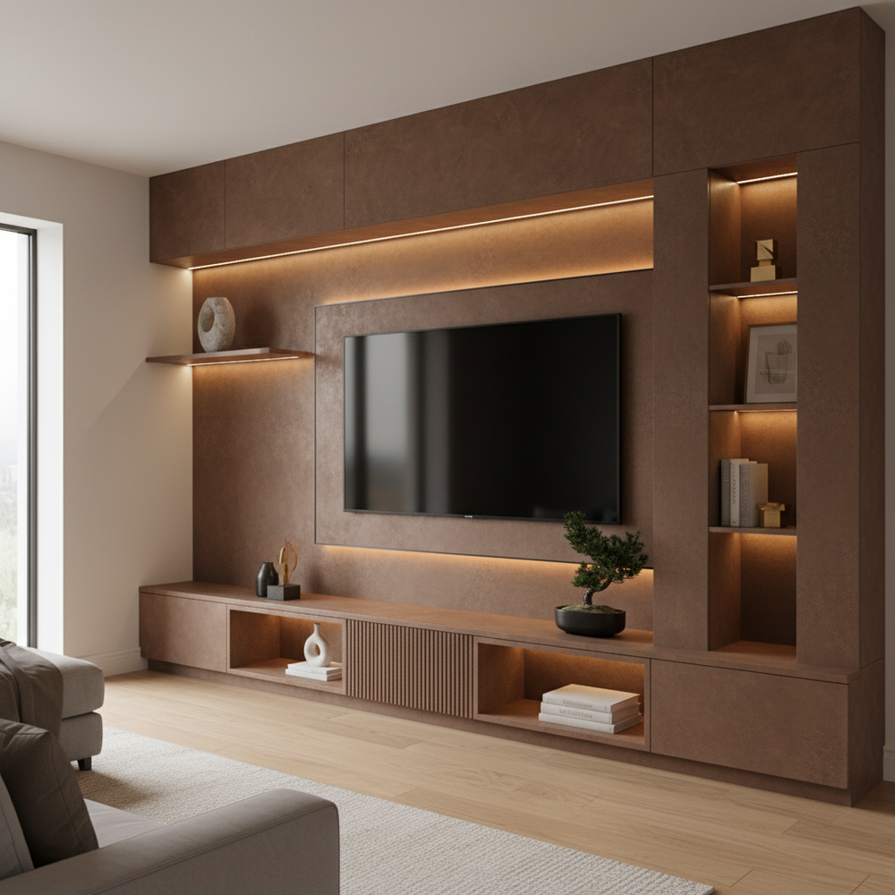 Modern Walnut Bronze Floor Standing TV Unit with Suede Finish