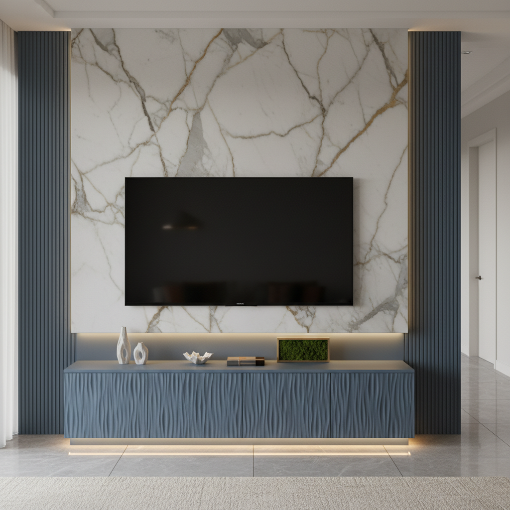 Modern Wave Blue Floor Standing TV Unit Design