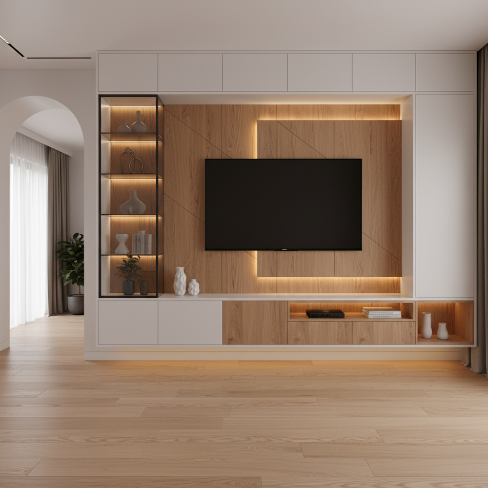 Modern White and Acacia Floating TV Unit Design