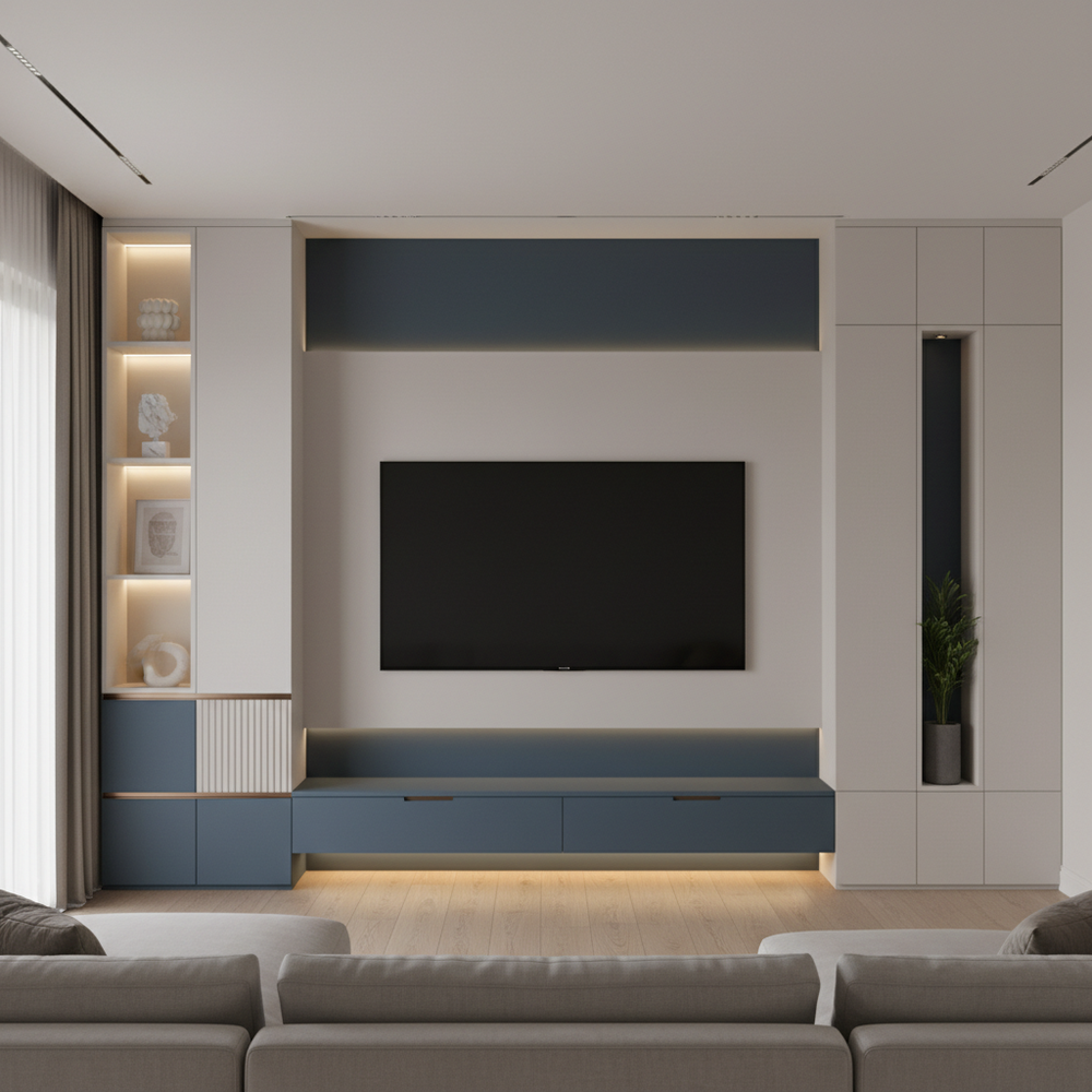Modern White and Blue Floor Standing TV Unit Design