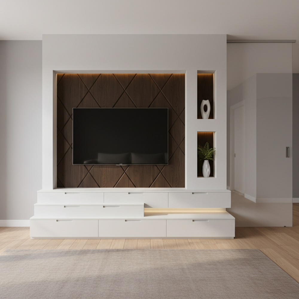 Modern White and Wood Floor-Mounted TV Unit Design