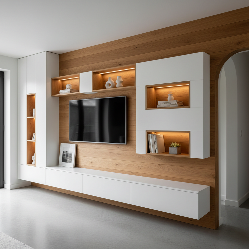 Modern White and Wood Floor-Standing TV Unit