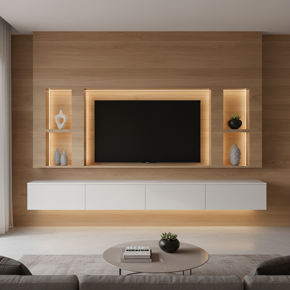 Modern White and Wooden Floating TV Unit Design