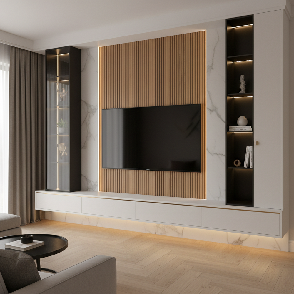 Modern White, Black and Acacia Wall-Mounted Floating TV Unit Design