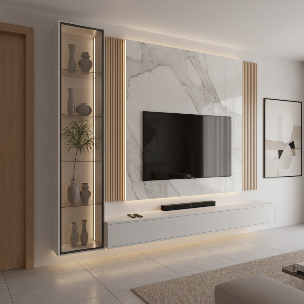 Modern White Floating TV Unit with Glass Display