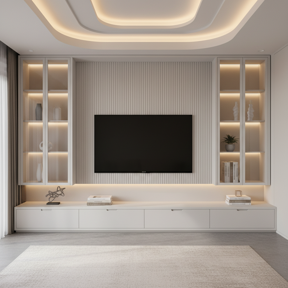 White Modern TV Unit with Unique Ceiling Design