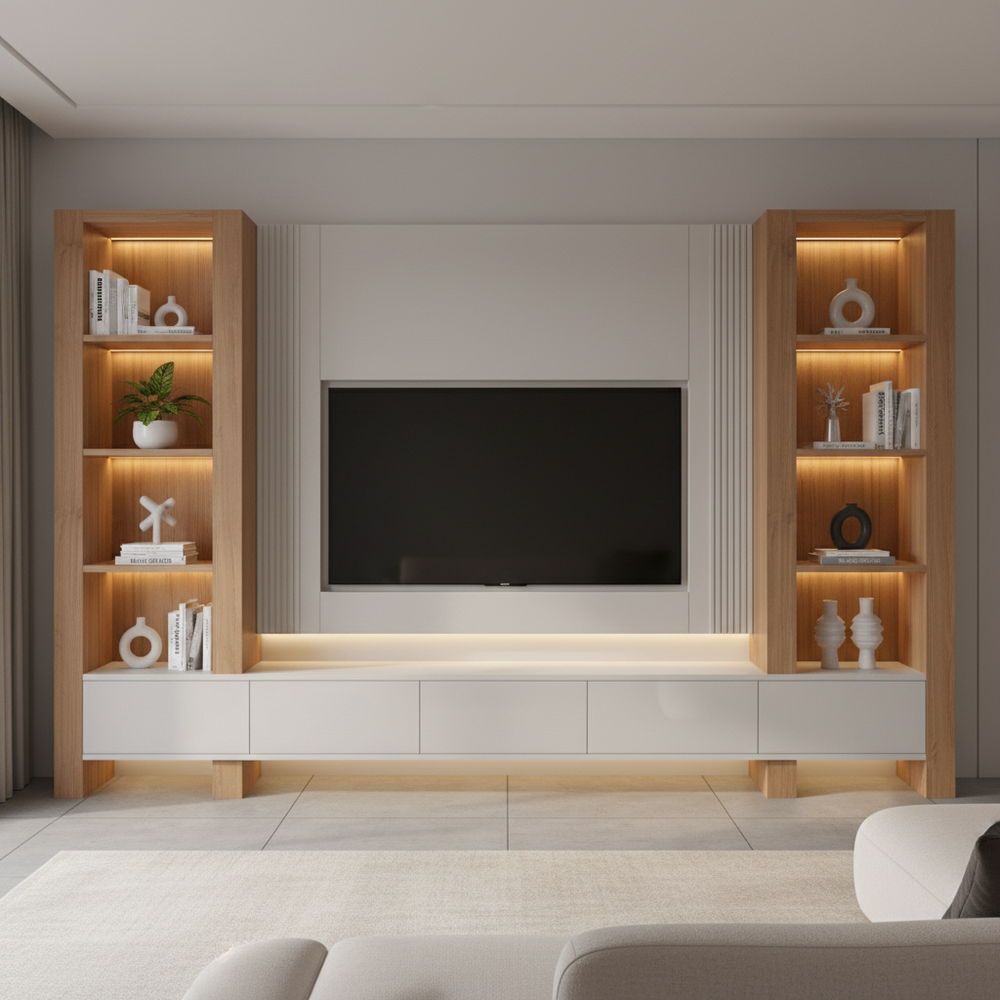 Modern Wood and White Floor-Standing TV Unit