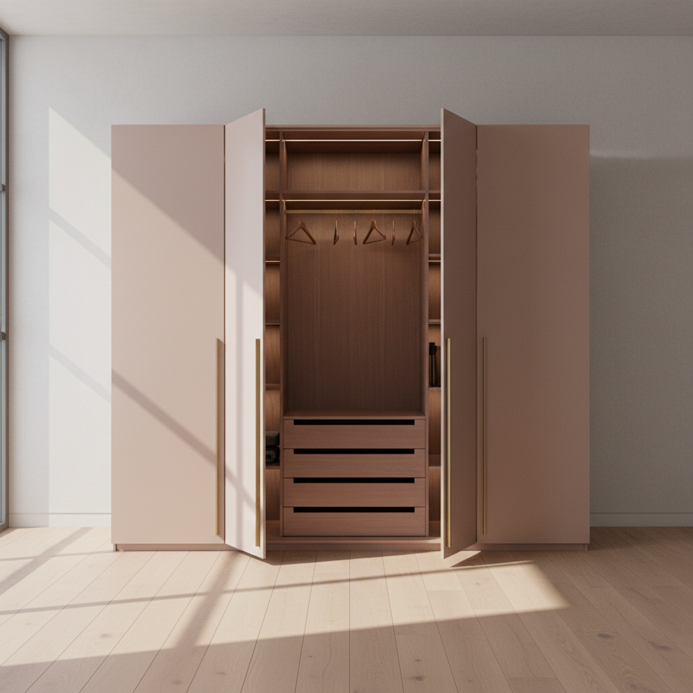 Champagne & Rose Pink Modern 4-Door Wardrobe Design