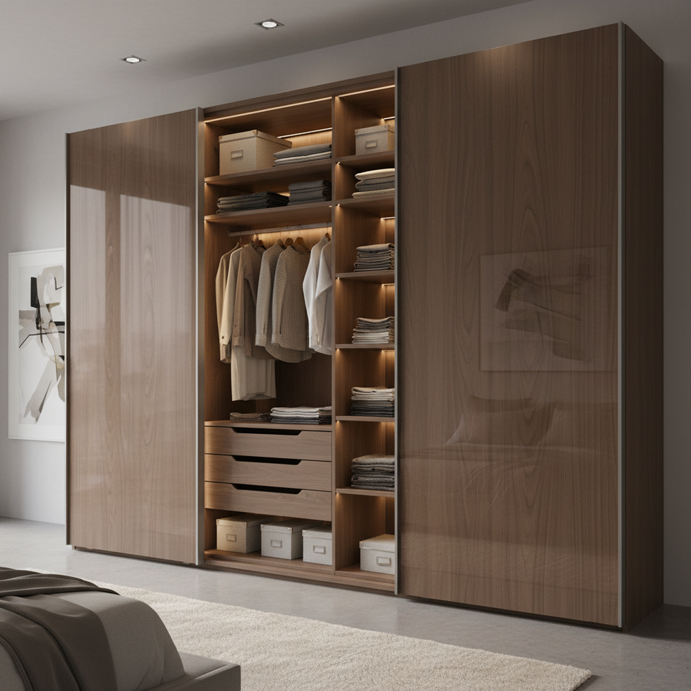 Contemporary Canadian Walnut Sliding 3-Door Wardrobe