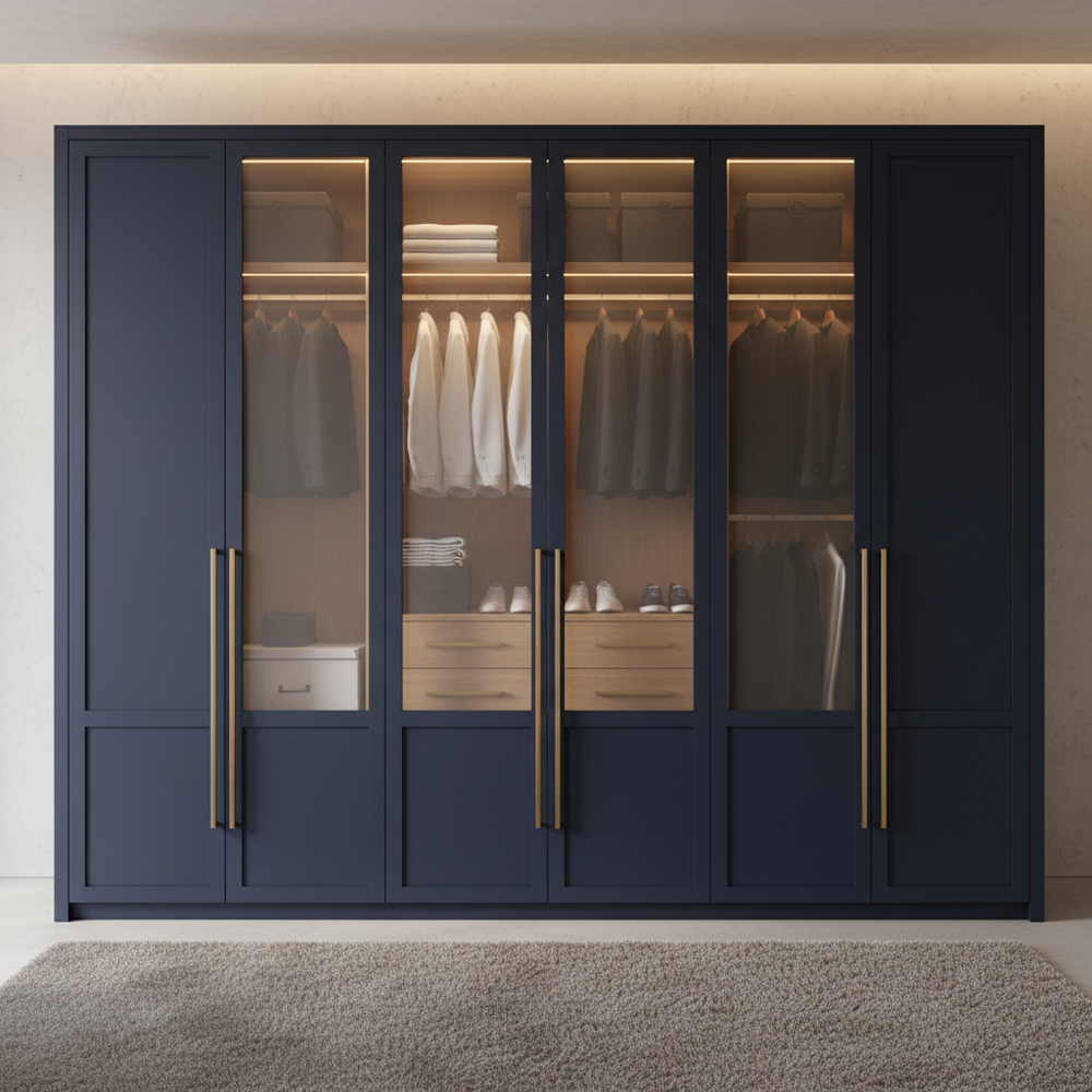 Contemporary Navy Blue 6-Door Swing Wardrobe with Glass