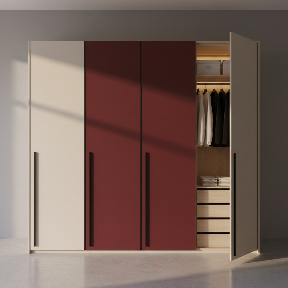 Contemporary Ruby & Off-White 4-Door Swing Wardrobe