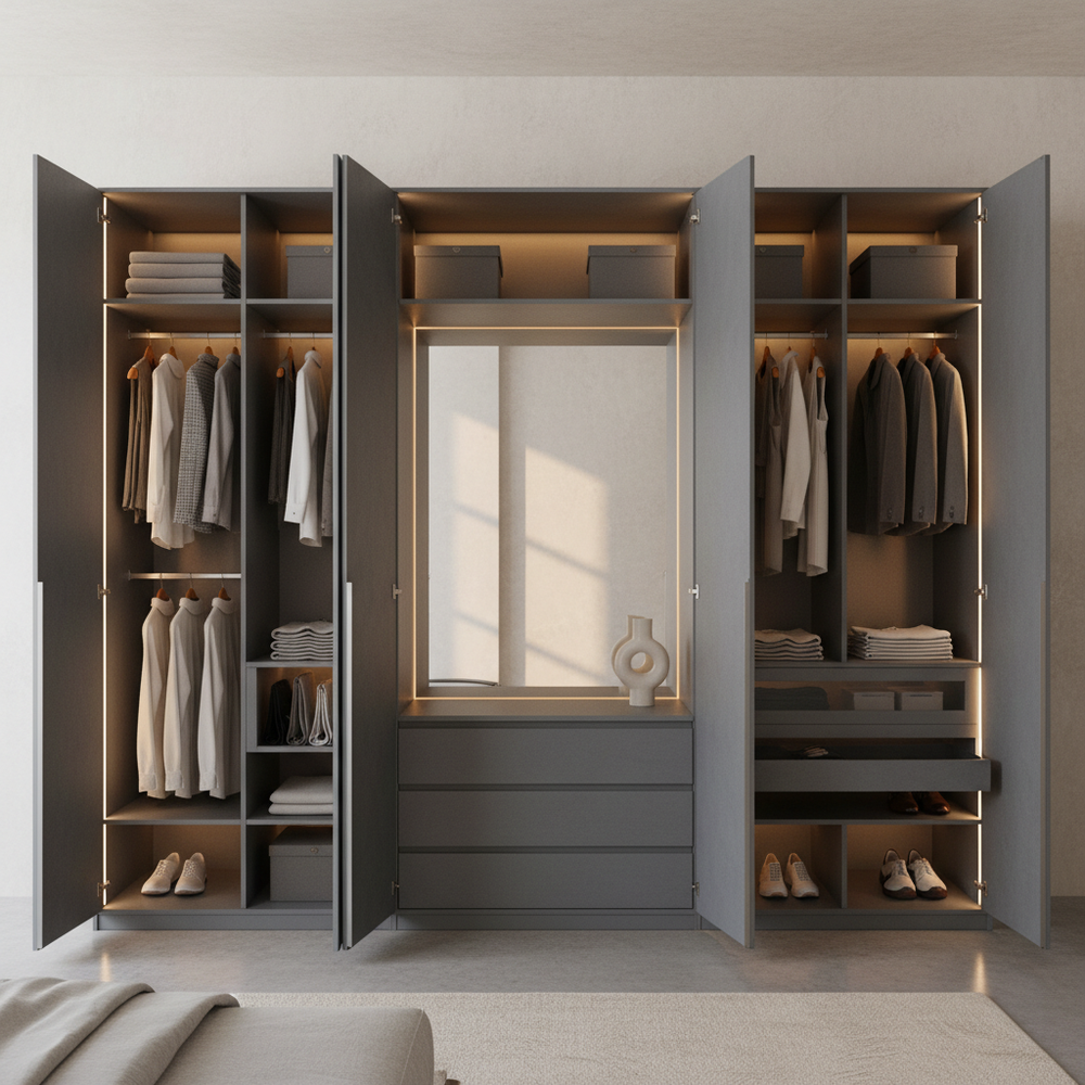 Contemporary Slate Color Swing Door Wardrobe with Dresser