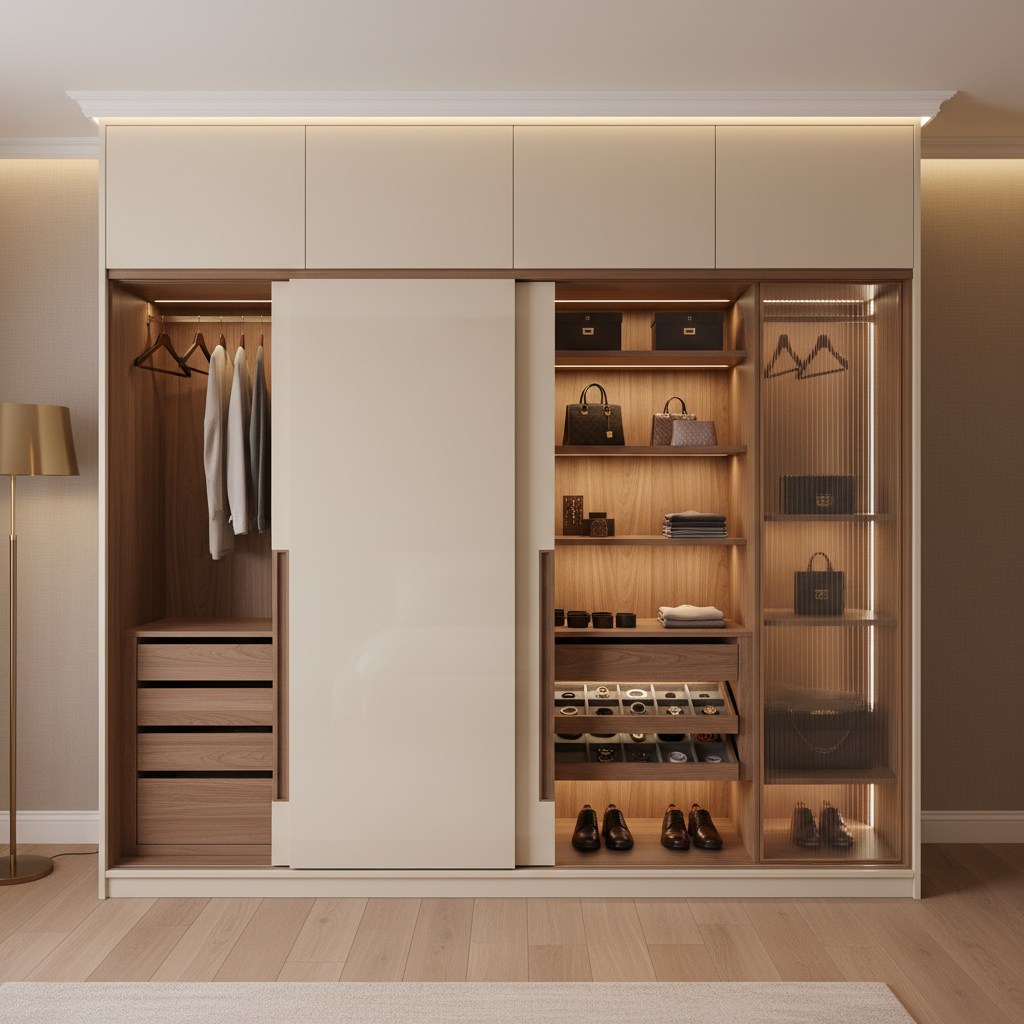 Minimal Glam 2-Door Sliding Wardrobe Design With Irish Cream Laminates