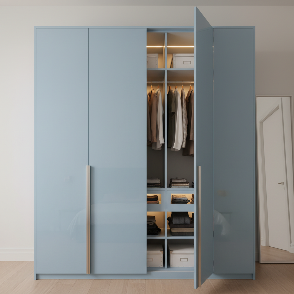 Minimal Pastel Blue Glossy Swing Door Wardrobe