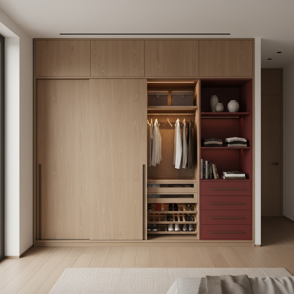 Minimal Wooden Sliding Door Wardrobe Design With Red Open Storage