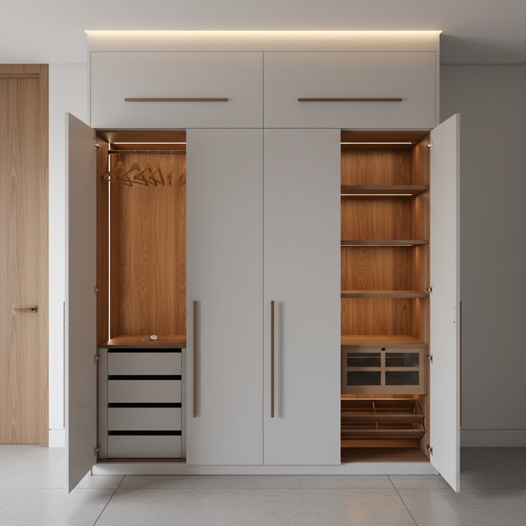 Minimalist Light Grey 4-Door Wardrobe Design