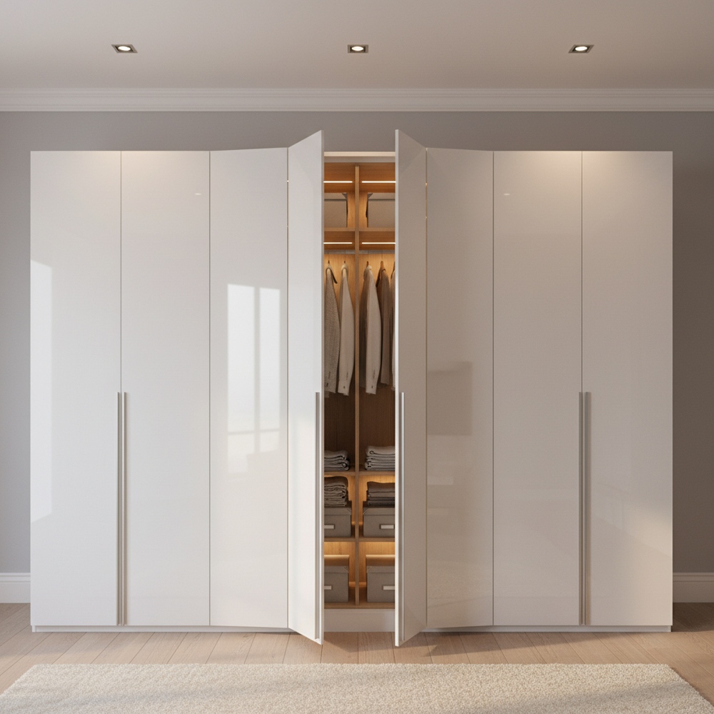 Minimalist White 5-Door Swing Wardrobe with Gloss Finish