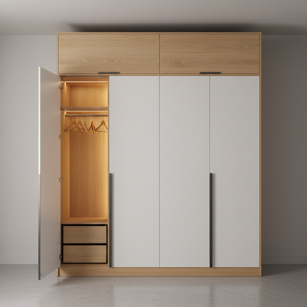 Modern 2-Door White And Wood Swing Wardrobe Design