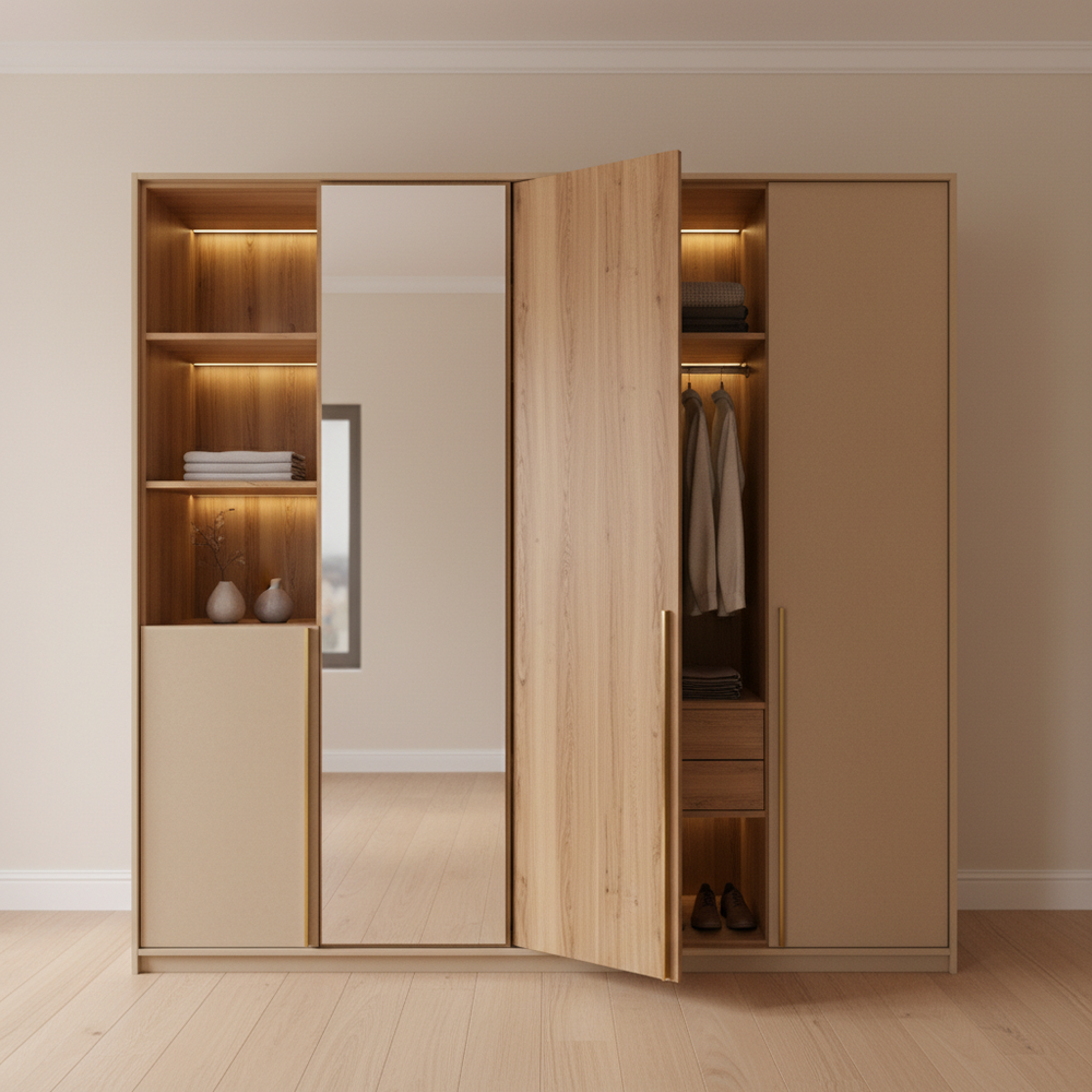 Modern 3-Door Champagne-Toned And Wooden Swing Wardrobe With Brass Handles