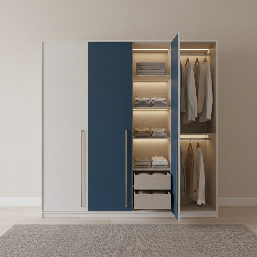 Modern 3-Door Swing Wardrobe Design with Integrated Lighting Drawer and Cabinet Space