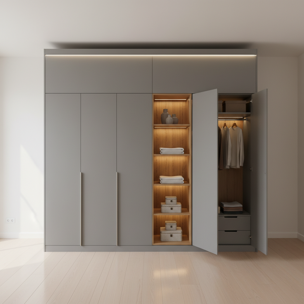 Modern 4-Door Smoke Grey Wardrobe Design With Open Wooden Shelf Storage