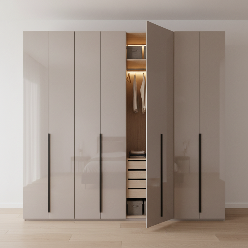 Modern 4-Door Swing Wardrobe Design in High Gloss Finish and Hinged Doors