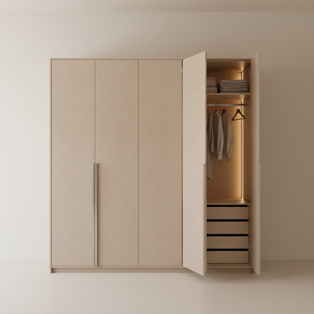 Modern 4-Door Swing Wardrobe Design in Suede Finish