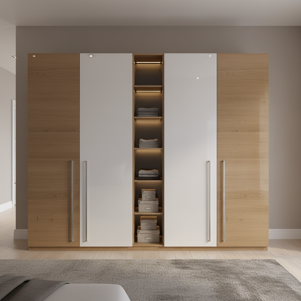 Modern 4-Door Swing Wardrobe Design with Open Shelf