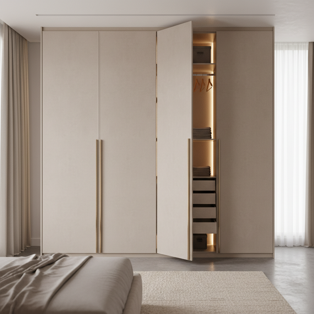 Modern 4-Door Swing Wardrobe Design with Suede Finish
