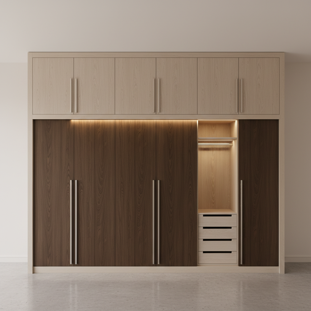 Modern 5-Door Light And Dark Wood Swing Wardrobe Design With Loft Storage