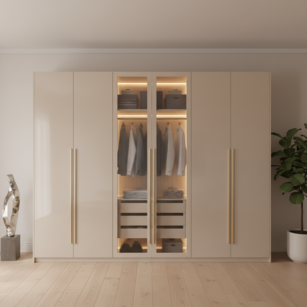 Modern 5 Door Swing Wardrobe Design in Champagne Colour