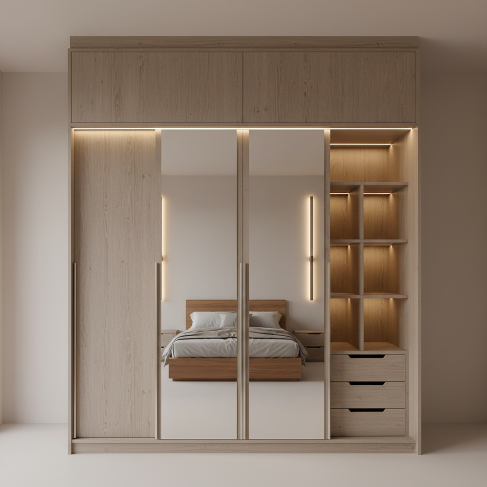 Modern Acacia Wooden 4-Door Mirrored Swing Wardrobe