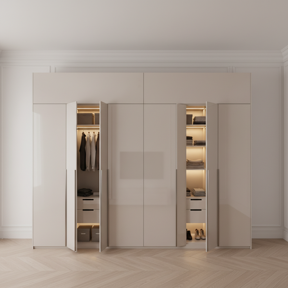 Modern Alumina Pearl 4-Door Swing Wardrobe with Overhead Storage