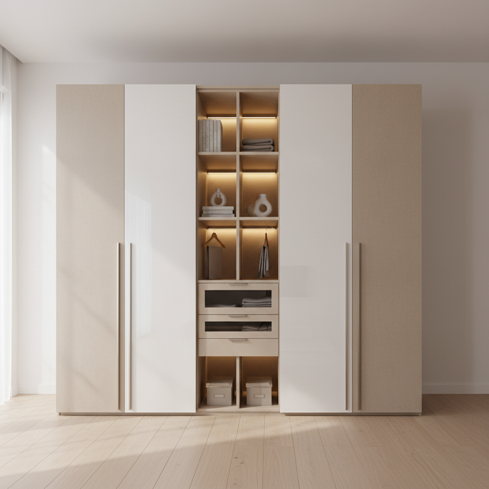 Modern Beige 4-Door Swing Wardrobe with Display Shelves